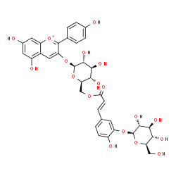 ChemSpider 2D Image | 5,7-Dihydroxy-2-(4-hydroxyphenyl)-3-chromeniumyl 6-O-{(2E)-3-[3-(beta-D-glucopyranosyloxy)-4-hydroxyphenyl]-2-propenoyl}-beta-D-glucopyranoside | C36H37O18