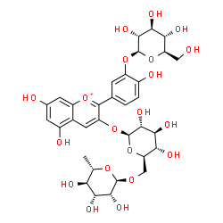 ChemSpider 2D Image | 2-[3-(beta-D-Glucopyranosyloxy)-4-hydroxyphenyl]-5,7-dihydroxy-3-chromeniumyl 6-O-(6-deoxy-alpha-L-mannopyranosyl)-beta-D-glucopyranoside | C33H41O20