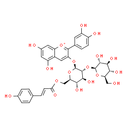 ChemSpider 2D Image | 2-(3,4-Dihydroxyphenyl)-5,7-dihydroxy-3-chromeniumyl 2-O-beta-D-glucopyranosyl-6-O-[(2E)-3-(4-hydroxyphenyl)-2-propenoyl]-beta-D-glucopyranoside | C36H37O18