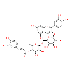 ChemSpider 2D Image | 2-(3,4-Dihydroxyphenyl)-5,7-dihydroxy-3-chromeniumyl 6-O-{6-deoxy-4-O-[(2E)-3-(3,4-dihydroxyphenyl)-2-propenoyl]-alpha-L-mannopyranosyl}-beta-D-glucopyranoside | C36H37O18