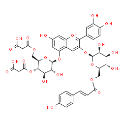 ChemSpider 2D Image | 2-(3,4-Dihydroxyphenyl)-7-hydroxy-3-({6-O-[(2E)-3-(4-hydroxyphenyl)-2-propenoyl]-beta-D-glucopyranosyl}oxy)-5-chromeniumyl 4,6-bis-O-(carboxyacetyl)-beta-D-glucopyranoside | C42H41O24