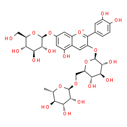 ChemSpider 2D Image | 3-{[6-O-(6-Deoxy-alpha-L-mannopyranosyl)-beta-D-glucopyranosyl]oxy}-2-(3,4-dihydroxyphenyl)-5-hydroxy-7-chromeniumyl beta-D-glucopyranoside | C33H41O20