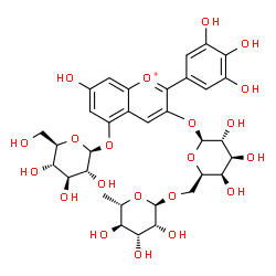 ChemSpider 2D Image | 5-(beta-D-Glucopyranosyloxy)-7-hydroxy-2-(3,4,5-trihydroxyphenyl)-3-chromeniumyl 6-O-(6-deoxy-alpha-L-mannopyranosyl)-beta-D-galactopyranoside | C33H41O21
