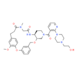 ChemSpider 2D Image | (10S,15S)-12-({2-[4-(2-Hydroxyethyl)-1-piperazinyl]-3-pyridinyl}carbonyl)-25-methoxy-19-methyl-2,9-dioxa-12,16,19-triazatetracyclo[21.2.2.1~3,7~.0~10,15~]octacosa-1(25),3(28),4,6,23,26-hexaene-17,20-d
ione | C37H46N6O7