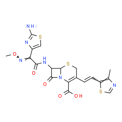 ChemSpider 2D Image | 7-{[(2E)-2-(2-Amino-1,3-thiazol-4-yl)-2-(methoxyimino)acetyl]amino}-3-[(E)-2-(4-methyl-1,3-thiazol-5-yl)vinyl]-8-oxo-5-thia-1-azabicyclo[4.2.0]oct-2-ene-2-carboxylic acid | C19H18N6O5S3
