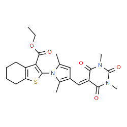 ChemSpider 2D Image | ethyl 2-{3-[(1,3-dimethyl-2,4,6-trioxo-1,3-diazinan-5-ylidene)methyl]-2,5-dimethylpyrrol-1-yl}-4,5,6,7-tetrahydro-1-benzothiophene-3-carboxylate | C24H27N3O5S