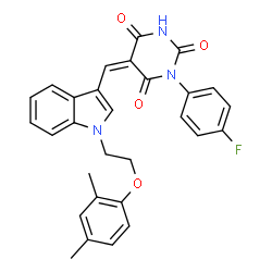 ChemSpider 2D Image | (5Z)-5-({1-[2-(2,4-Dimethylphenoxy)ethyl]-1H-indol-3-yl}methylene)-1-(4-fluorophenyl)-2,4,6(1H,3H,5H)-pyrimidinetrione | C29H24FN3O4