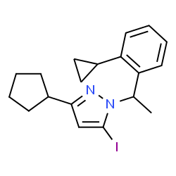 ChemSpider 2D Image | 3-Cyclopentyl-1-[1-(2-cyclopropylphenyl)ethyl]-5-iodo-1H-pyrazole | C19H23IN2