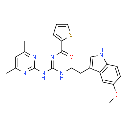 ChemSpider 2D Image | N-[(E)-[(4,6-Dimethyl-2-pyrimidinyl)amino]{[2-(5-methoxy-1H-indol-3-yl)ethyl]amino}methylene]-2-thiophenecarboxamide | C23H24N6O2S