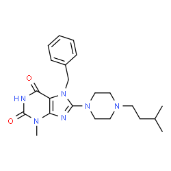 ChemSpider 2D Image | 7-Benzyl-3-methyl-8-[4-(3-methylbutyl)-1-piperazinyl]-3,7-dihydro-1H-purine-2,6-dione | C22H30N6O2