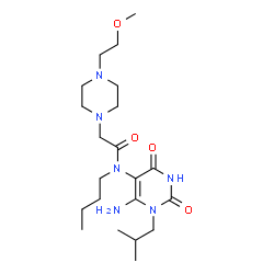ChemSpider 2D Image | N-(6-Amino-1-isobutyl-2,4-dioxo-1,2,3,4-tetrahydro-5-pyrimidinyl)-N-butyl-2-[4-(2-methoxyethyl)-1-piperazinyl]acetamide | C21H38N6O4