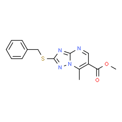 ChemSpider 2D Image | Methyl 2-(benzylsulfanyl)-7-methyl[1,2,4]triazolo[1,5-a]pyrimidine-6-carboxylate | C15H14N4O2S