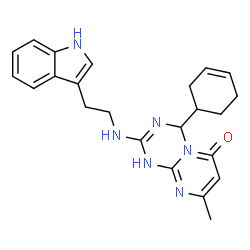 ChemSpider 2D Image | 2-(2-(1H-indol-3-yl)ethylamino)-4-(cyclohex-3-enyl)-8-methyl-1H-pyrimido[1,2-a][1,3,5]triazin-6(4H)-one | C23H26N6O