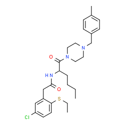 ChemSpider 2D Image | 2-[5-Chloro-2-(ethylsulfanyl)phenyl]-N-{1-[4-(4-methylbenzyl)-1-piperazinyl]-1-oxo-2-hexanyl}acetamide | C28H38ClN3O2S