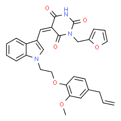 ChemSpider 2D Image | (5Z)-5-({1-[2-(4-Allyl-2-methoxyphenoxy)ethyl]-1H-indol-3-yl}methylene)-1-(2-furylmethyl)-2,4,6(1H,3H,5H)-pyrimidinetrione | C30H27N3O6