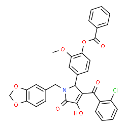 ChemSpider 2D Image | 4-[1-(1,3-Benzodioxol-5-ylmethyl)-3-(2-chlorobenzoyl)-4-hydroxy-5-oxo-2,5-dihydro-1H-pyrrol-2-yl]-2-methoxyphenyl benzoate | C33H24ClNO8