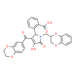 ChemSpider 2D Image | 2-[3-(2,3-Dihydro-1,4-benzodioxin-6-ylcarbonyl)-1-(2,3-dihydro-1,4-benzodioxin-2-ylmethyl)-4-hydroxy-5-oxo-2,5-dihydro-1H-pyrrol-2-yl]benzoic acid | C29H23NO9