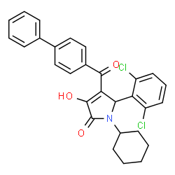ChemSpider 2D Image | 4-(4-Biphenylylcarbonyl)-1-cyclohexyl-5-(2,6-dichlorophenyl)-3-hydroxy-1,5-dihydro-2H-pyrrol-2-one | C29H25Cl2NO3