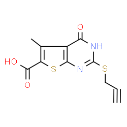 ChemSpider 2D Image | 5-Methyl-4-oxo-2-(2-propyn-1-ylsulfanyl)-1,4-dihydrothieno[2,3-d]pyrimidine-6-carboxylic acid | C11H8N2O3S2