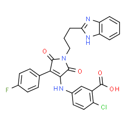 ChemSpider 2D Image | 5-({1-[3-(1H-Benzimidazol-2-yl)propyl]-4-(4-fluorophenyl)-2,5-dioxo-2,5-dihydro-1H-pyrrol-3-yl}amino)-2-chlorobenzoic acid | C27H20ClFN4O4