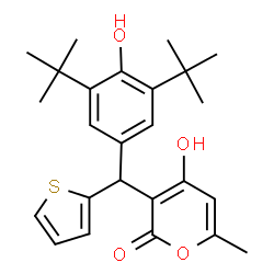 ChemSpider 2D Image | 3-[(3,5-Di-tert-butyl-4-hydroxyphenyl)(2-thienyl)methyl]-4-hydroxy-6-methyl-2H-pyran-2-one | C25H30O4S
