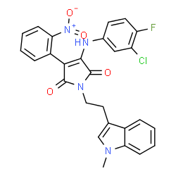 ChemSpider 2D Image | 3-[(3-Chloro-4-fluorophenyl)amino]-1-[2-(1-methyl-1H-indol-3-yl)ethyl]-4-(2-nitrophenyl)-1H-pyrrole-2,5-dione | C27H20ClFN4O4