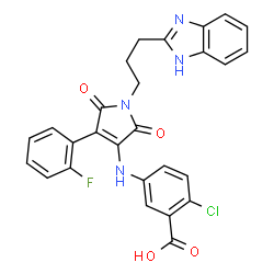 ChemSpider 2D Image | 5-({1-[3-(1H-Benzimidazol-2-yl)propyl]-4-(2-fluorophenyl)-2,5-dioxo-2,5-dihydro-1H-pyrrol-3-yl}amino)-2-chlorobenzoic acid | C27H20ClFN4O4