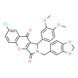 ChemSpider 2D Image | 2-(1,3-Benzodioxol-5-ylmethyl)-7-chloro-1-(3,4-dimethoxyphenyl)-1,2-dihydrochromeno[2,3-c]pyrrole-3,9-dione | C27H20ClNO7