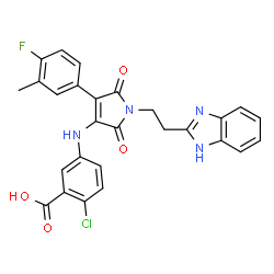ChemSpider 2D Image | 5-({1-[2-(1H-Benzimidazol-2-yl)ethyl]-4-(4-fluoro-3-methylphenyl)-2,5-dioxo-2,5-dihydro-1H-pyrrol-3-yl}amino)-2-chlorobenzoic acid | C27H20ClFN4O4