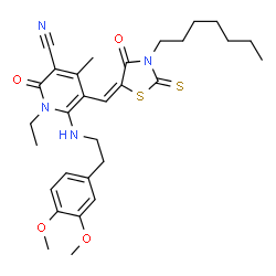 ChemSpider 2D Image | 6-{[2-(3,4-Dimethoxyphenyl)ethyl]amino}-1-ethyl-5-[(E)-(3-heptyl-4-oxo-2-thioxo-1,3-thiazolidin-5-ylidene)methyl]-4-methyl-2-oxo-1,2-dihydro-3-pyridinecarbonitrile | C30H38N4O4S2