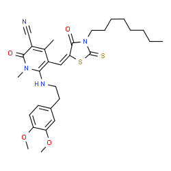 ChemSpider 2D Image | 6-{[2-(3,4-Dimethoxyphenyl)ethyl]amino}-1,4-dimethyl-5-[(E)-(3-octyl-4-oxo-2-thioxo-1,3-thiazolidin-5-ylidene)methyl]-2-oxo-1,2-dihydro-3-pyridinecarbonitrile | C30H38N4O4S2