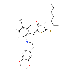 ChemSpider 2D Image | 6-{[2-(3,4-Dimethoxyphenyl)ethyl]amino}-5-{(E)-[3-(2-ethylhexyl)-4-oxo-2-thioxo-1,3-thiazolidin-5-ylidene]methyl}-1,4-dimethyl-2-oxo-1,2-dihydro-3-pyridinecarbonitrile | C30H38N4O4S2