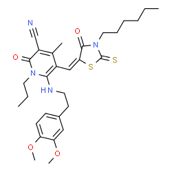 ChemSpider 2D Image | 6-{[2-(3,4-Dimethoxyphenyl)ethyl]amino}-5-[(E)-(3-hexyl-4-oxo-2-thioxo-1,3-thiazolidin-5-ylidene)methyl]-4-methyl-2-oxo-1-propyl-1,2-dihydro-3-pyridinecarbonitrile | C30H38N4O4S2