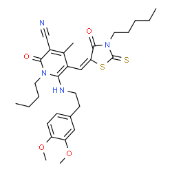 ChemSpider 2D Image | 1-Butyl-6-{[2-(3,4-dimethoxyphenyl)ethyl]amino}-4-methyl-2-oxo-5-[(E)-(4-oxo-3-pentyl-2-thioxo-1,3-thiazolidin-5-ylidene)methyl]-1,2-dihydro-3-pyridinecarbonitrile | C30H38N4O4S2
