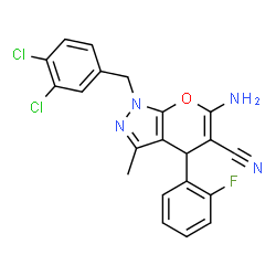 ChemSpider 2D Image | 6-Amino-1-(3,4-dichlorobenzyl)-4-(2-fluorophenyl)-3-methyl-1,4-dihydropyrano[2,3-c]pyrazole-5-carbonitrile | C21H15Cl2FN4O