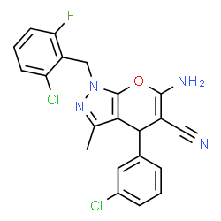 ChemSpider 2D Image | 6-Amino-1-(2-chloro-6-fluorobenzyl)-4-(3-chlorophenyl)-3-methyl-1,4-dihydropyrano[2,3-c]pyrazole-5-carbonitrile | C21H15Cl2FN4O
