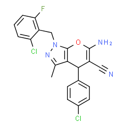 ChemSpider 2D Image | 6-Amino-1-(2-chloro-6-fluorobenzyl)-4-(4-chlorophenyl)-3-methyl-1,4-dihydropyrano[2,3-c]pyrazole-5-carbonitrile | C21H15Cl2FN4O