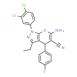 ChemSpider 2D Image | 6-Amino-1-(3,4-dichlorophenyl)-3-ethyl-4-(4-fluorophenyl)-1,4-dihydropyrano[2,3-c]pyrazole-5-carbonitrile | C21H15Cl2FN4O