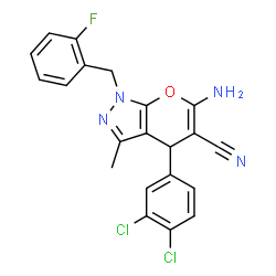 ChemSpider 2D Image | 6-Amino-4-(3,4-dichlorophenyl)-1-(2-fluorobenzyl)-3-methyl-1,4-dihydropyrano[2,3-c]pyrazole-5-carbonitrile | C21H15Cl2FN4O
