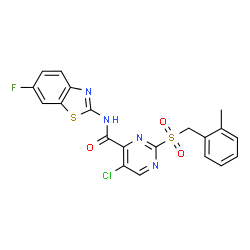 ChemSpider 2D Image | 5-Chloro-N-(6-fluoro-1,3-benzothiazol-2-yl)-2-[(2-methylbenzyl)sulfonyl]-4-pyrimidinecarboxamide | C20H14ClFN4O3S2