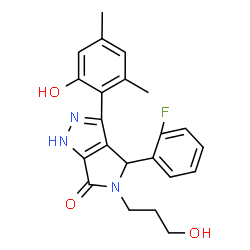 ChemSpider 2D Image | 4-(2-Fluorophenyl)-3-(2-hydroxy-4,6-dimethylphenyl)-5-(3-hydroxypropyl)-4,5-dihydropyrrolo[3,4-c]pyrazol-6(1H)-one | C22H22FN3O3