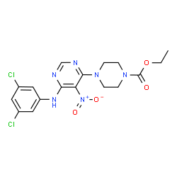 ChemSpider 2D Image | Ethyl 4-{6-[(3,5-dichlorophenyl)amino]-5-nitropyrimidin-4-yl}piperazine-1-carboxylate | C17H18Cl2N6O4