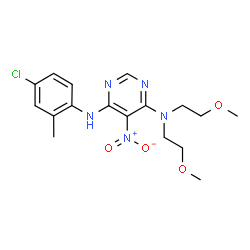 ChemSpider 2D Image | N'-(4-Chloro-2-methylphenyl)-N,N-bis(2-methoxyethyl)-5-nitropyrimidine-4,6-diamine | C17H22ClN5O4