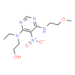 ChemSpider 2D Image | 2-(Ethyl{6-[(2-methoxyethyl)amino]-5-nitro-4-pyrimidinyl}amino)ethanol | C11H19N5O4