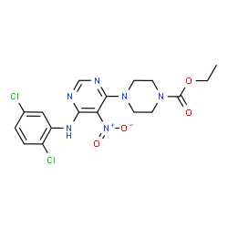 ChemSpider 2D Image | Ethyl 4-{6-[(2,5-dichlorophenyl)amino]-5-nitropyrimidin-4-yl}piperazine-1-carboxylate | C17H18Cl2N6O4