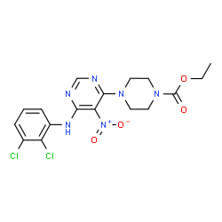ChemSpider 2D Image | Ethyl 4-{6-[(2,3-dichlorophenyl)amino]-5-nitropyrimidin-4-yl}piperazine-1-carboxylate | C17H18Cl2N6O4