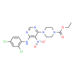 ChemSpider 2D Image | Ethyl 4-{6-[(2,4-dichlorophenyl)amino]-5-nitropyrimidin-4-yl}piperazine-1-carboxylate | C17H18Cl2N6O4