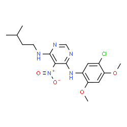 ChemSpider 2D Image | N-(5-Chloro-2,4-dimethoxyphenyl)-N'-(3-methylbutyl)-5-nitro-4,6-pyrimidinediamine | C17H22ClN5O4