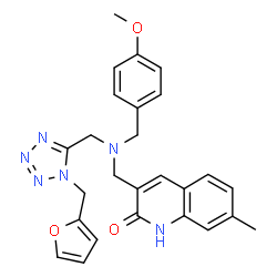 ChemSpider 2D Image | 3-{[{[1-(2-Furylmethyl)-1H-tetrazol-5-yl]methyl}(4-methoxybenzyl)amino]methyl}-7-methyl-2(1H)-quinolinone | C26H26N6O3
