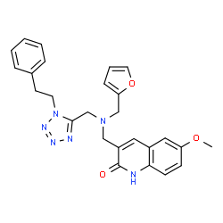 ChemSpider 2D Image | 3-{[(2-Furylmethyl){[1-(2-phenylethyl)-1H-tetrazol-5-yl]methyl}amino]methyl}-6-methoxy-2(1H)-quinolinone | C26H26N6O3